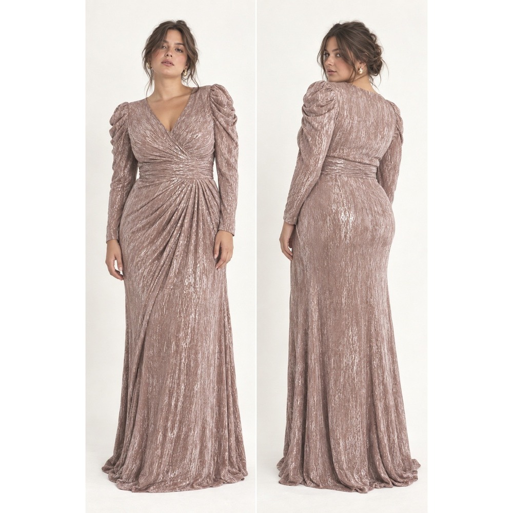 Mac Duggal 16 Mauve Rose Silver Metallic Ruched Long Sleeve Maxi Gown Glam Gala